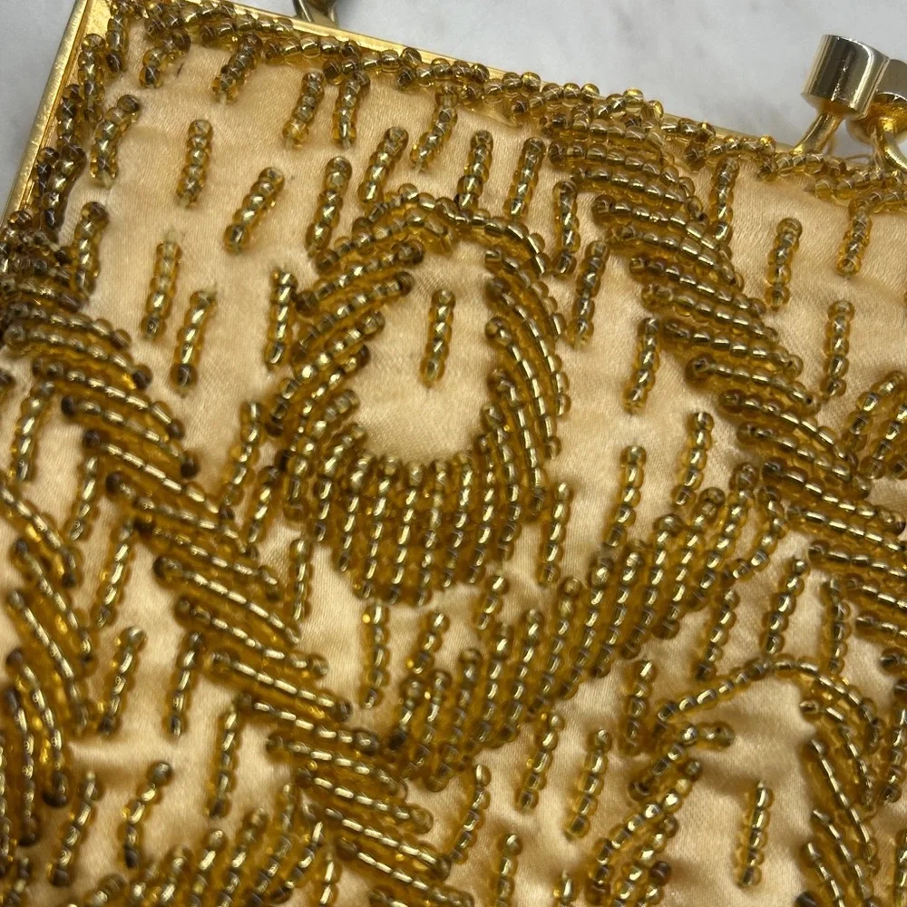 Vintage Elegant Gold Beaded Evening Bag 7”x 6” Preowned Clean